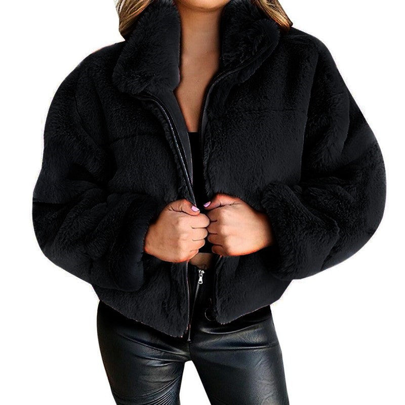 Women Clothing Autumn Winter Zipper Cardigan Plush Warm Coat Black