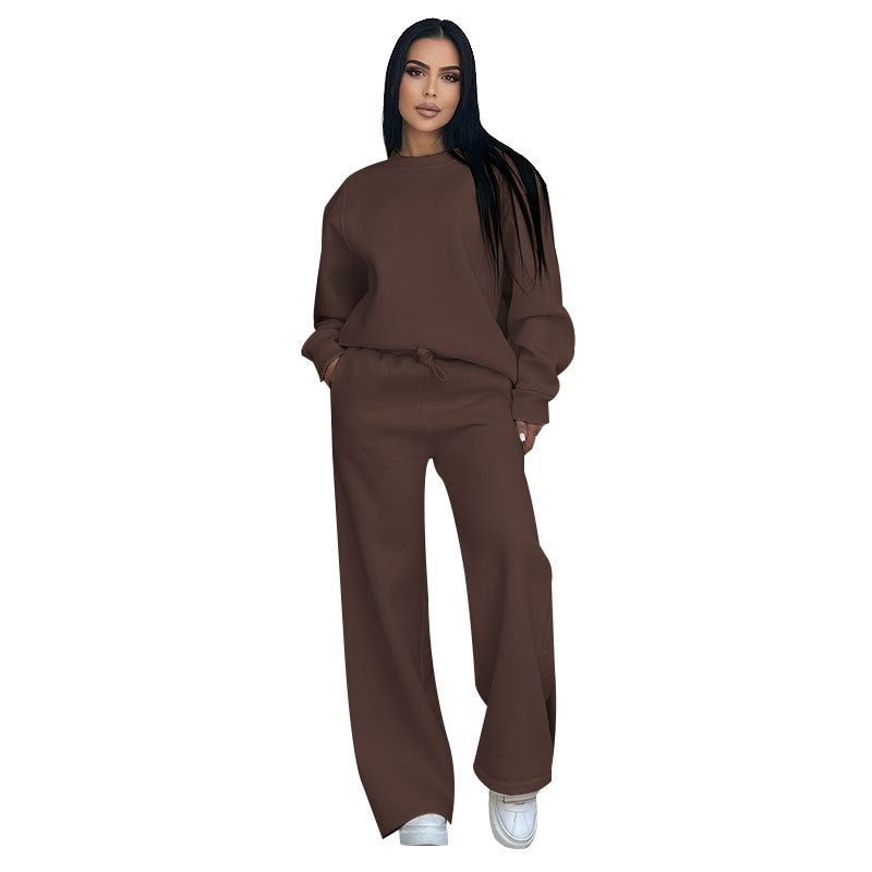 Autumn Winter Solid Color Round Neck Long Sleeve Loose Women Wear Casual Wide Leg Pants Suit Coffee