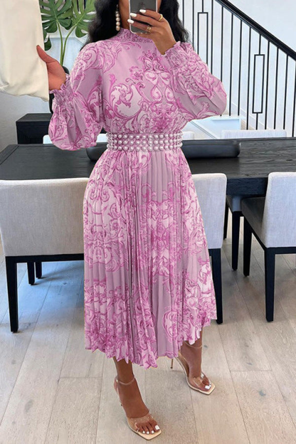 Women Pearl Belt Printed Pleated Lantern Sleeve Chiffon Half Turtleneck Dress