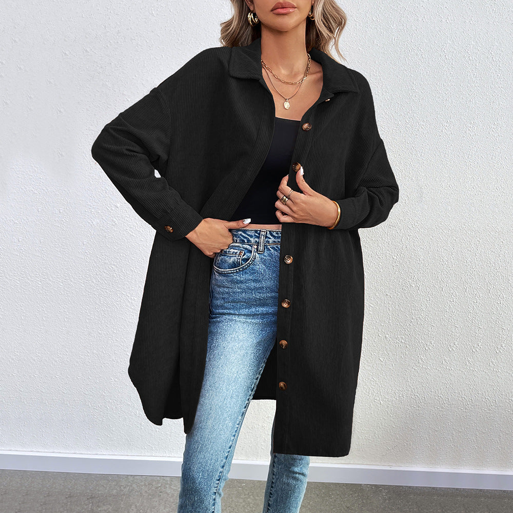 Casual Shirt Autumn Winter Loose Long Sleeve Breasted Corduroy Jacket Black