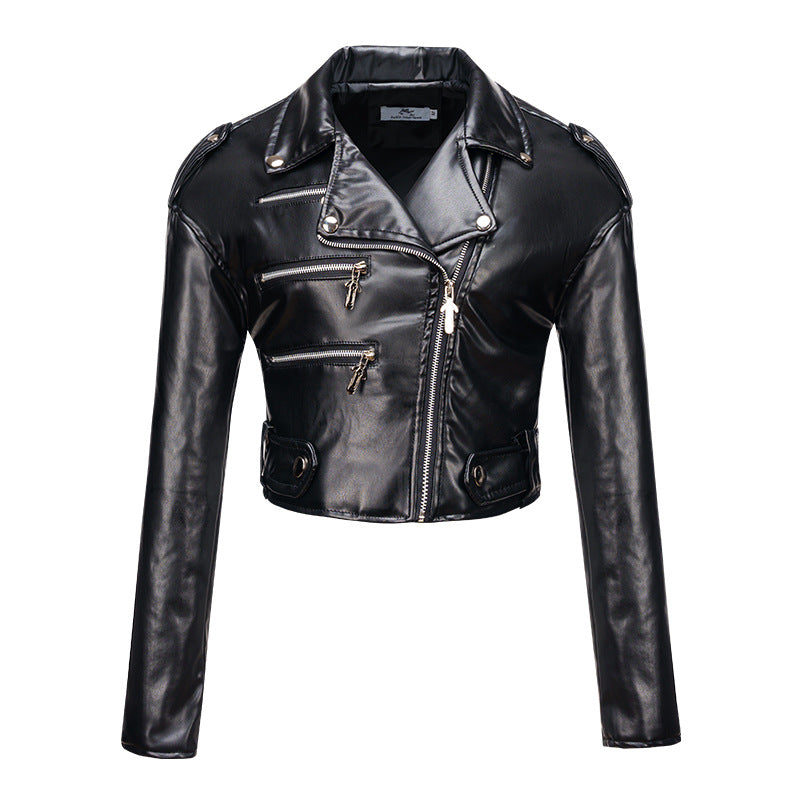 Women Leather Jacket Slim Fit Short Cotton High Waist Long Sleeve Collared Oblique Zipper Leather Jacket Faux Leather Women Motorcycle Clothing Black