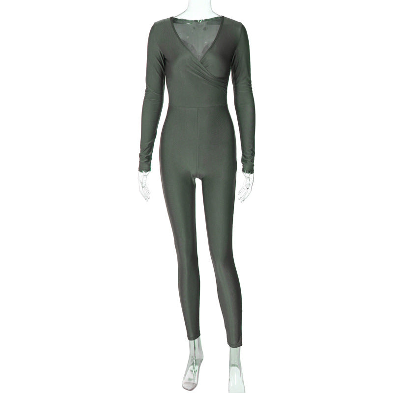 Women Clothing Fall Winter Solid Color Slim Sports Yoga Long Sleeve Jumpsuit Women Army Green