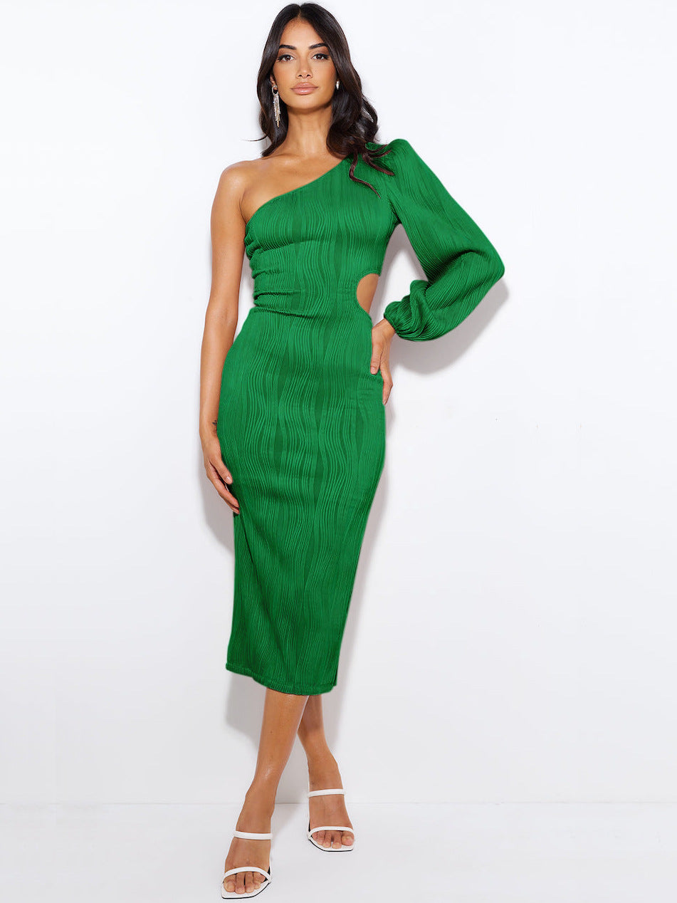 Package Hip Women Clothing Dress Oblique Shoulder Long Sleeve One Step Sexy Cutout Evening Dress Green