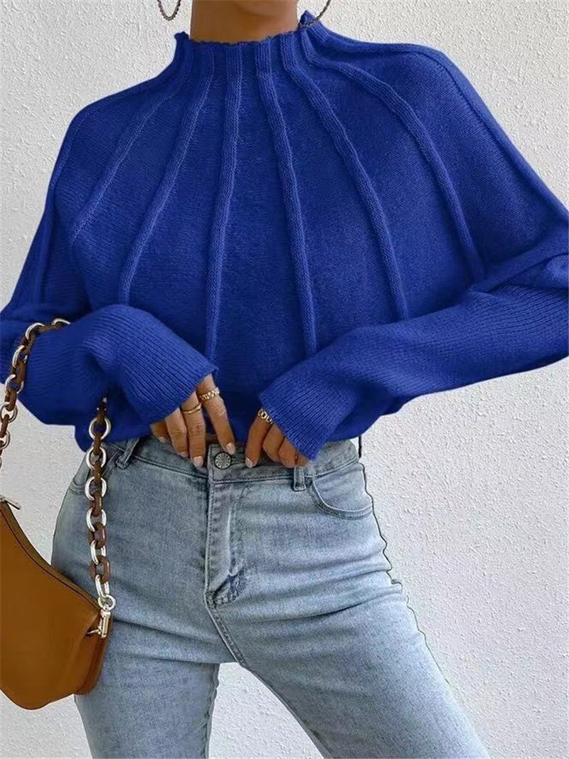 Half Turtleneck Solid Color All Matching Knitted Pullover Batwing Sleeve Sweater Outerwear Women Blue