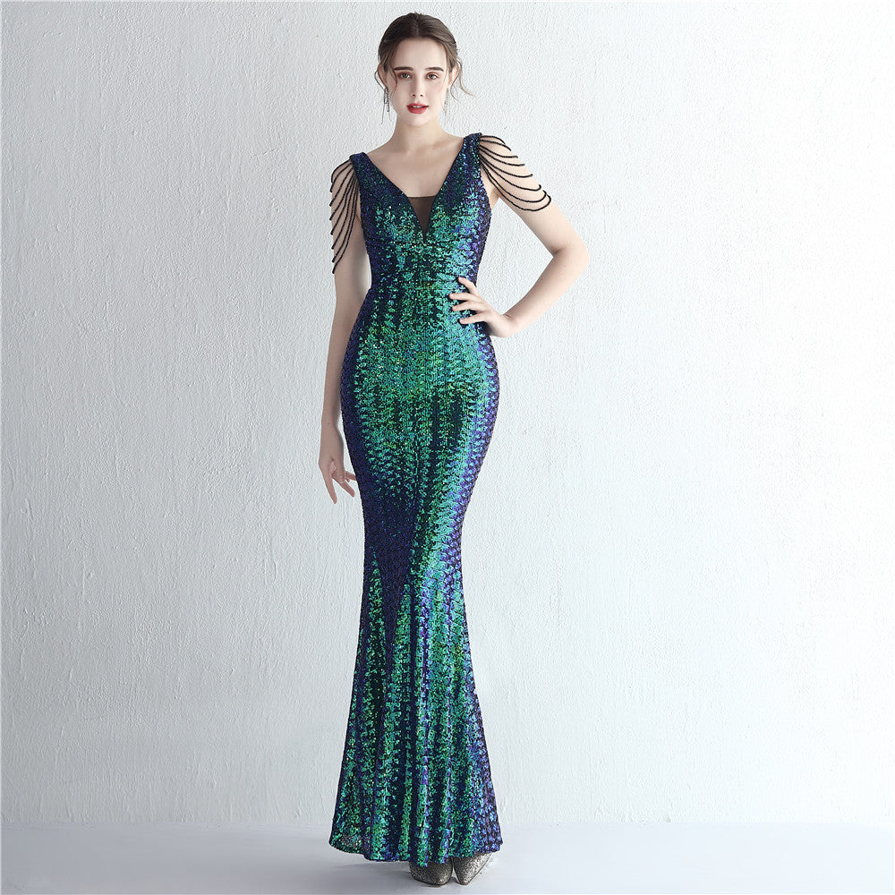 Beaded Magic Color Sequin Tube Top Ladies Cocktail Elegant Long Short Sleeve Sequined Aura Queen Fishtail Symphony green