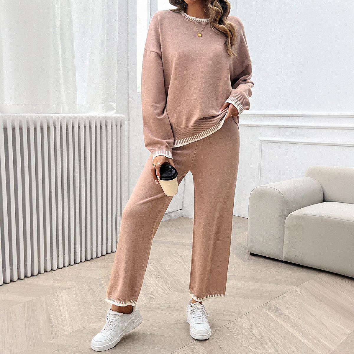 Women Clothing Autumn Winter Casual Contrast Color Knitted Sweater Trousers Suit Pink