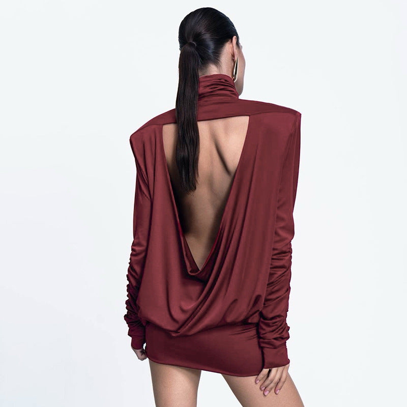 Women Clothing Autumn Winter Turtleneck Padded Shoulder Loose Pleated Sexy Backless Dress