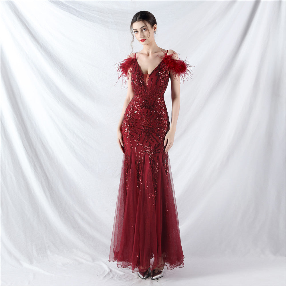 Color Craft Order Ostrich Feather Mesh Sequin Sexy Sling Dress Evening Dress Burgundy