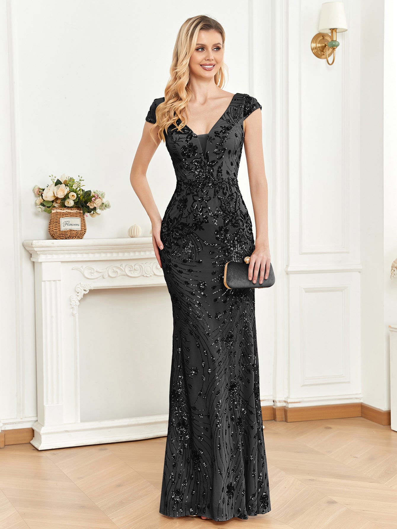 Sequined Champagne Evening Dress Women Cocktail Sexy Slim Fit Fishtail Long Toast Dress Black