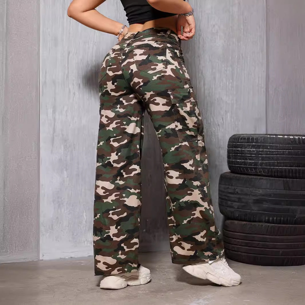 Retro Camouflage Straight Women Jeans Street Trends Summer Loose Slimming Casual