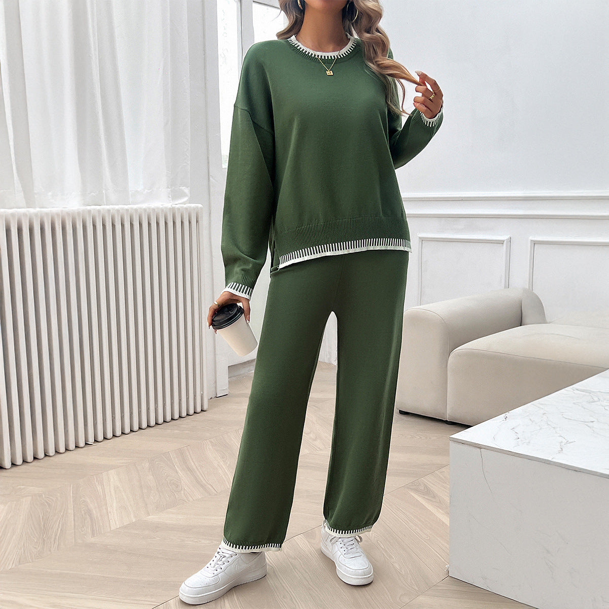 Women Clothing Autumn Winter Casual Contrast Color Knitted Sweater Trousers Suit Army Green