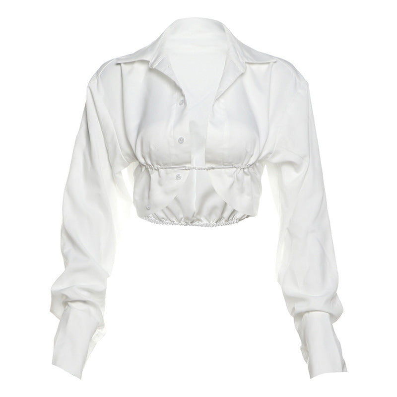 Fall Women Clothing Sexy Sexy Collared Cardigan Pleated Design Slim Fit Crop Top Women White