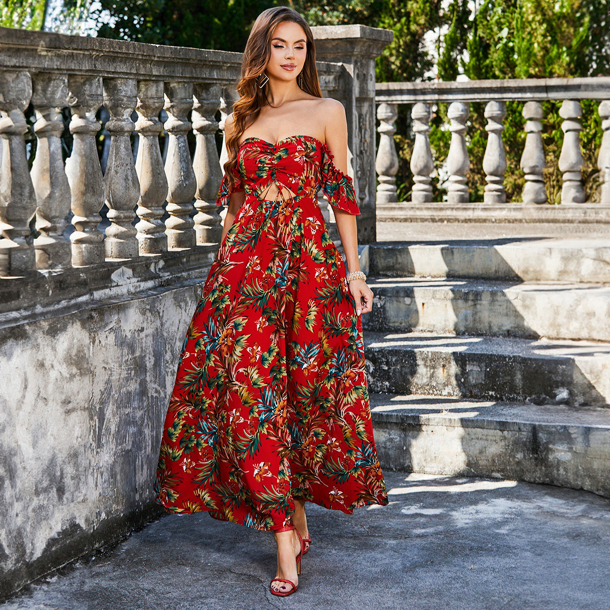 Summer Women Clothing Printed Hollow Out Cutout out Tied Dress Tube Top Sexy Elegant Backless Dress Red