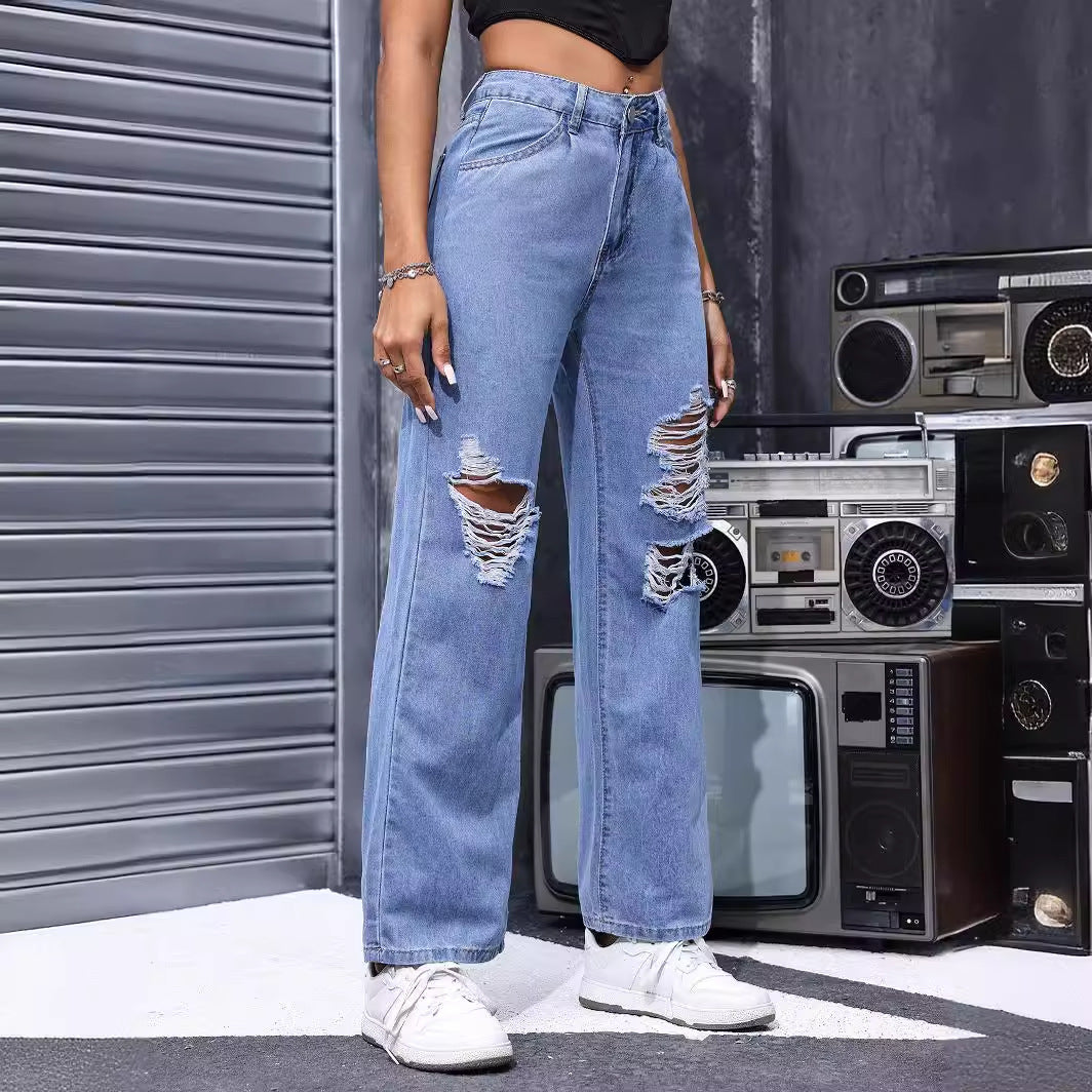 Women Summer Straight Wide Jeans Ripped Street Casual Slimming