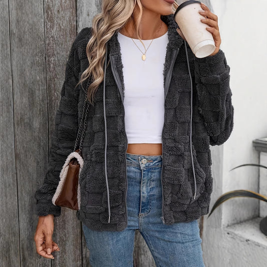 Fall Winter Double Sided Plush Zipper Hooded Cardigan Casual Coat for Women Dark Grey