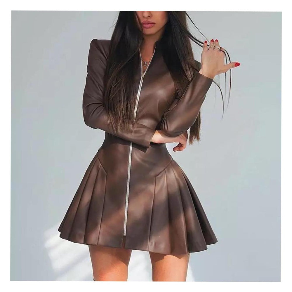 Women Fashionable Fitted Long Sleeve Pleated Faux Leather Zipper Dress