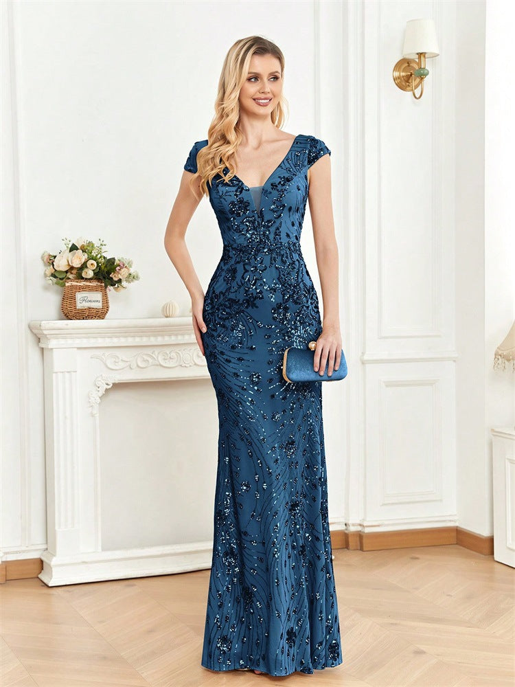 Sequined Champagne Evening Dress Women Cocktail Sexy Slim Fit Fishtail Long Toast Dress Teal blue