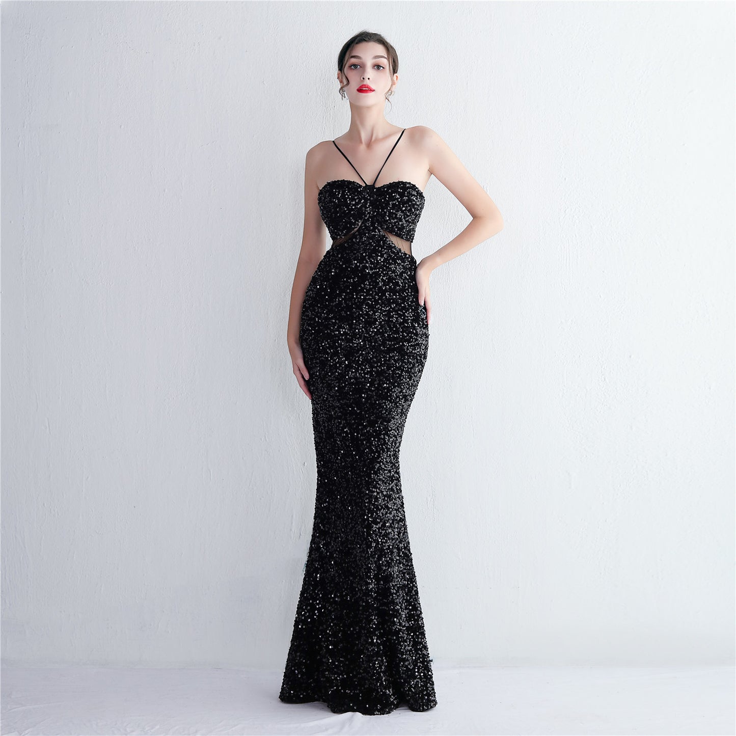 Bottom Sequin Suspender Party Sequined Dress Long Banquet Slim Fit Evening Dress Elegant Pure Black