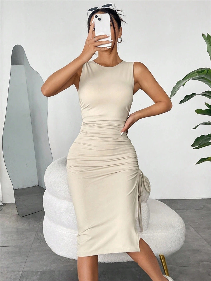 Sleeveless Vest dress Pleated Drawstring Slim Fit Hip Dress Summer Apricot