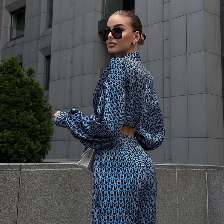 Autumn Elegant Wear Printed Long Sleeve Collared Shirt Drooping Wide Leg Pants Two Piece Sets