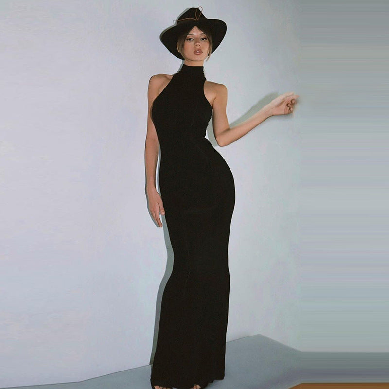 Women Clothing Fashionable Half Turtleneck Sleeveless Solid Color Slim Waist Slimming Maxi Dress