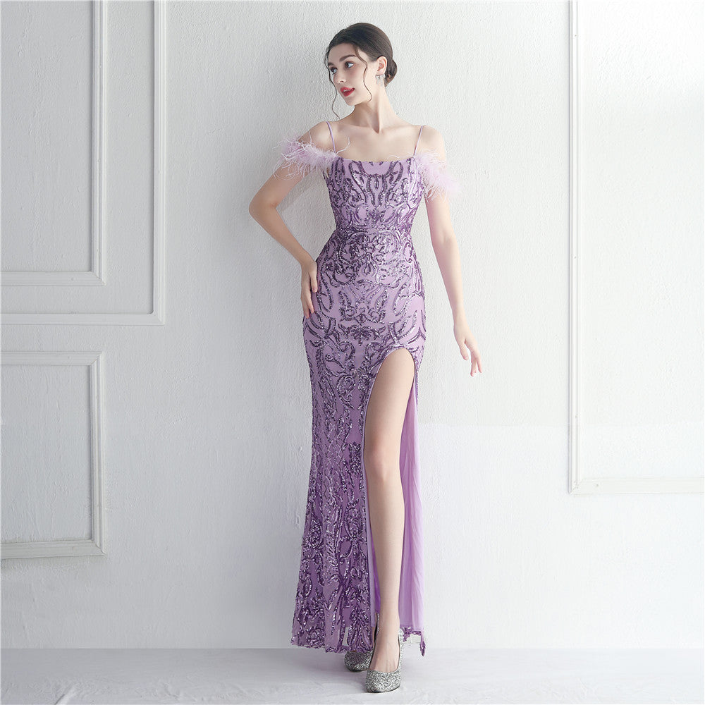 Positioning Floral Sequin Wool Binding Craft Sexy Sling Dress Long Purple