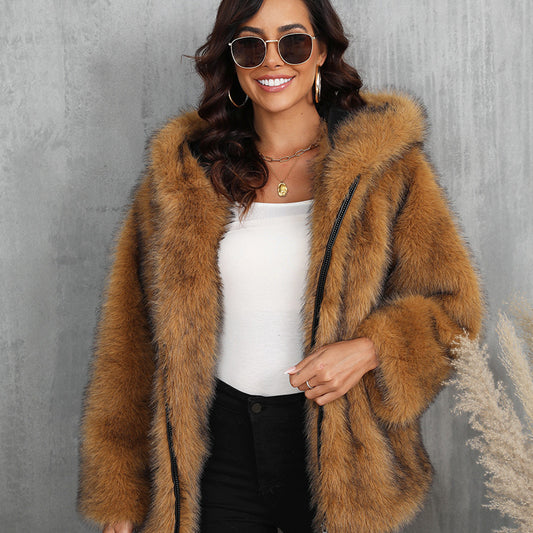 Faux Fur Coat Solid Color Loose Hooded Short Fur Collar Coat Winter Coat Warm Winter Clothing