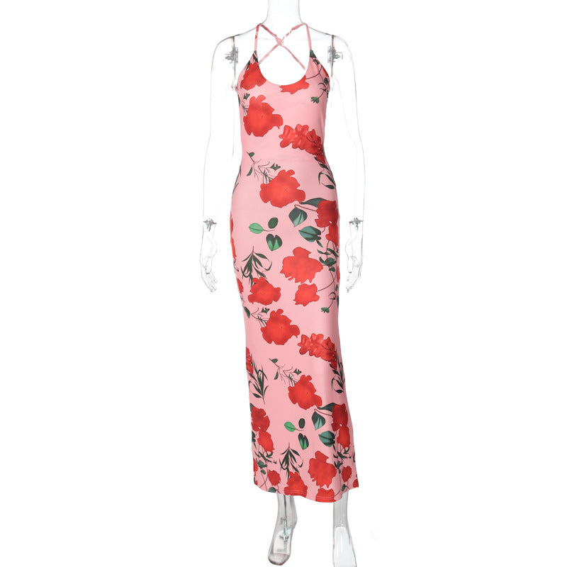 Women Clothing Spring Summer Printed Sexy Backless U Neck Slim Strap Dress Pink