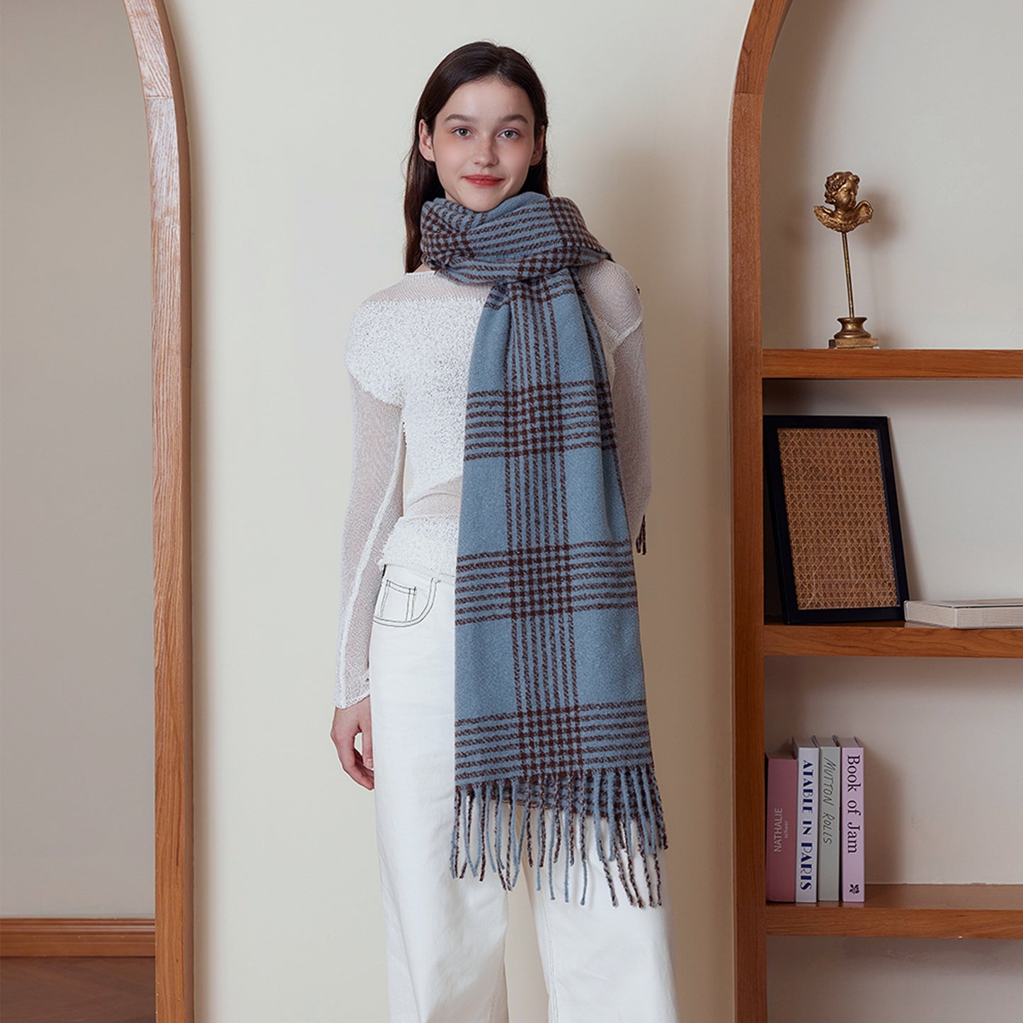 Simple Double Sided Line Grid Soft Scarf Outer Wear Cold Protection in Winter Talma Dual-Use Warm Cashmere Scarf One Size Blue coffee stripes