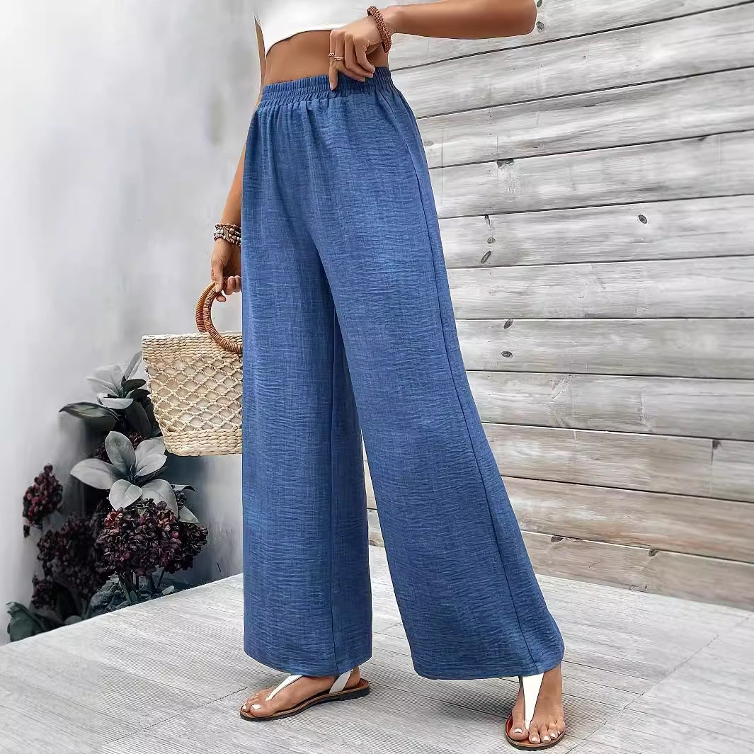 Ladies Spring Autumn Wide Leg Pants Mid Waist Elastic Waist Casual Trousers