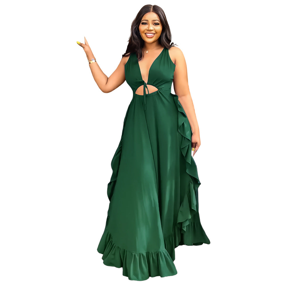 Sexy Backless Elegant Ruffle High Waist Crop Top Spaghetti Strap Women Clothing Dress Green