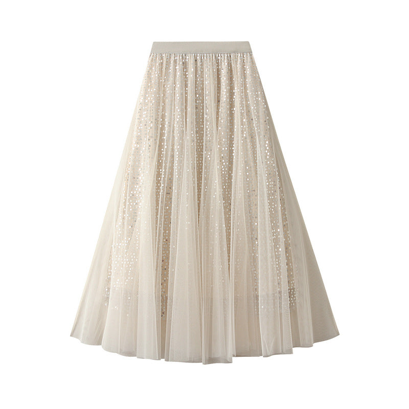 High Grade Sequin Gauze Skirt Women Draping Super Fairy Gauze Skirt Covering Large Swing A line Long Skirt