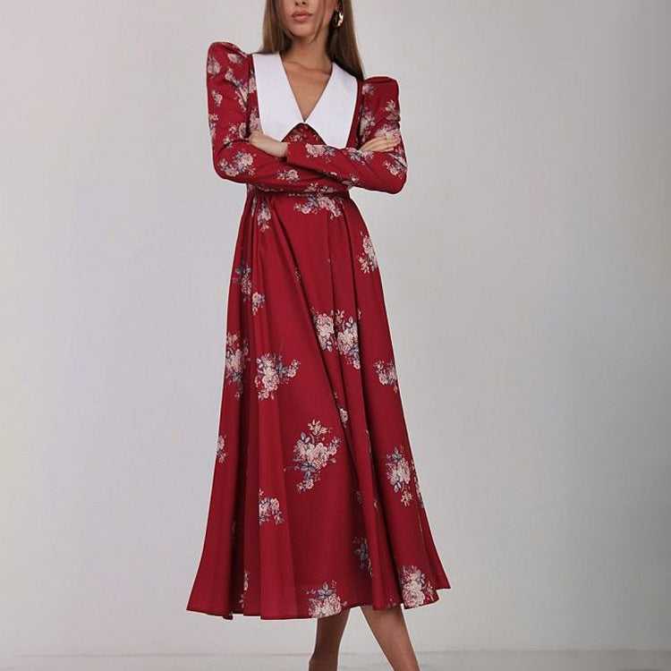 Women Clothing Early Spring Retro Printed Large Swing Dress Waist Controlled Slim Fit Maxi Dress