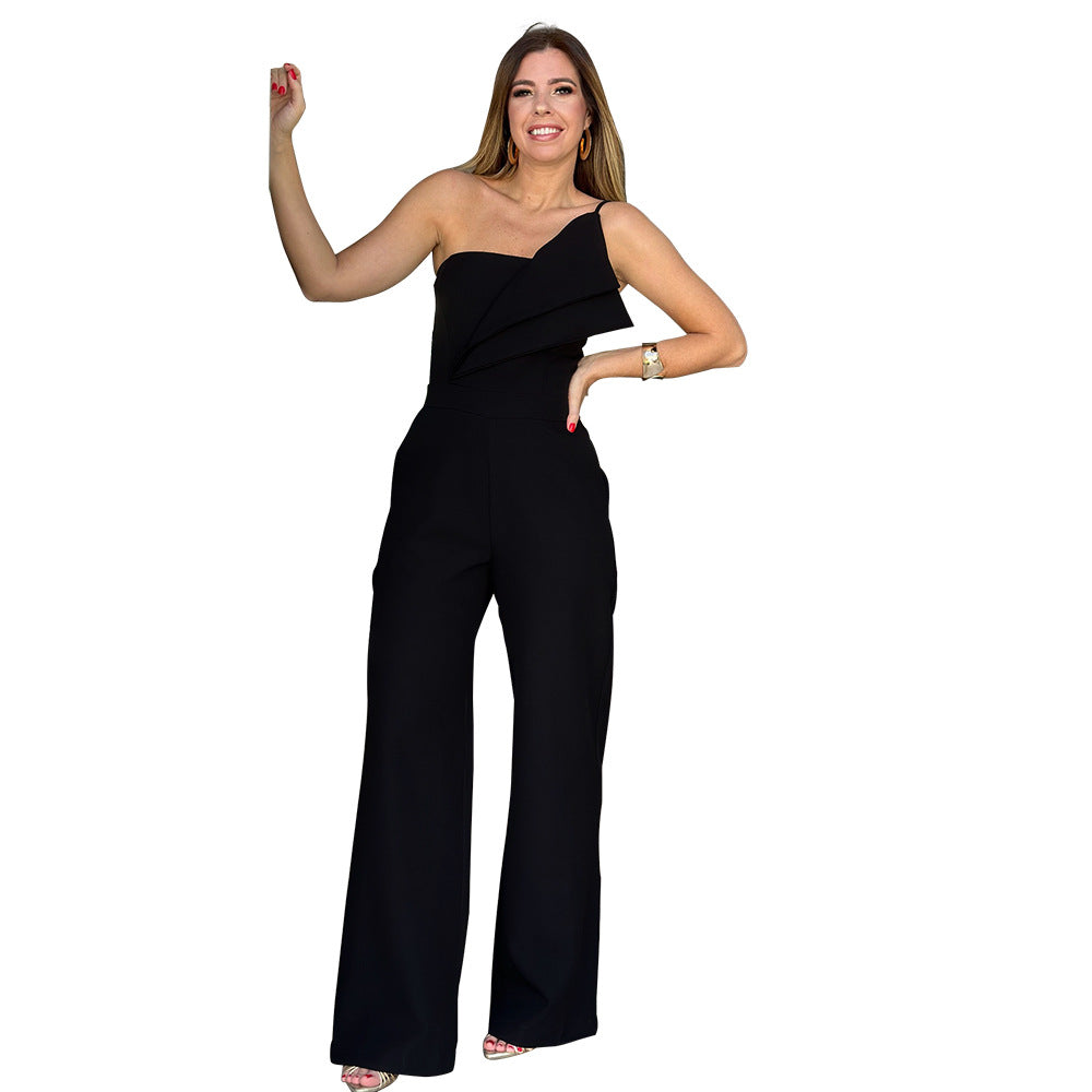 Strap Tube Top Design Pleated Jumpsuit Straight Leg Pants One Piece Set Black