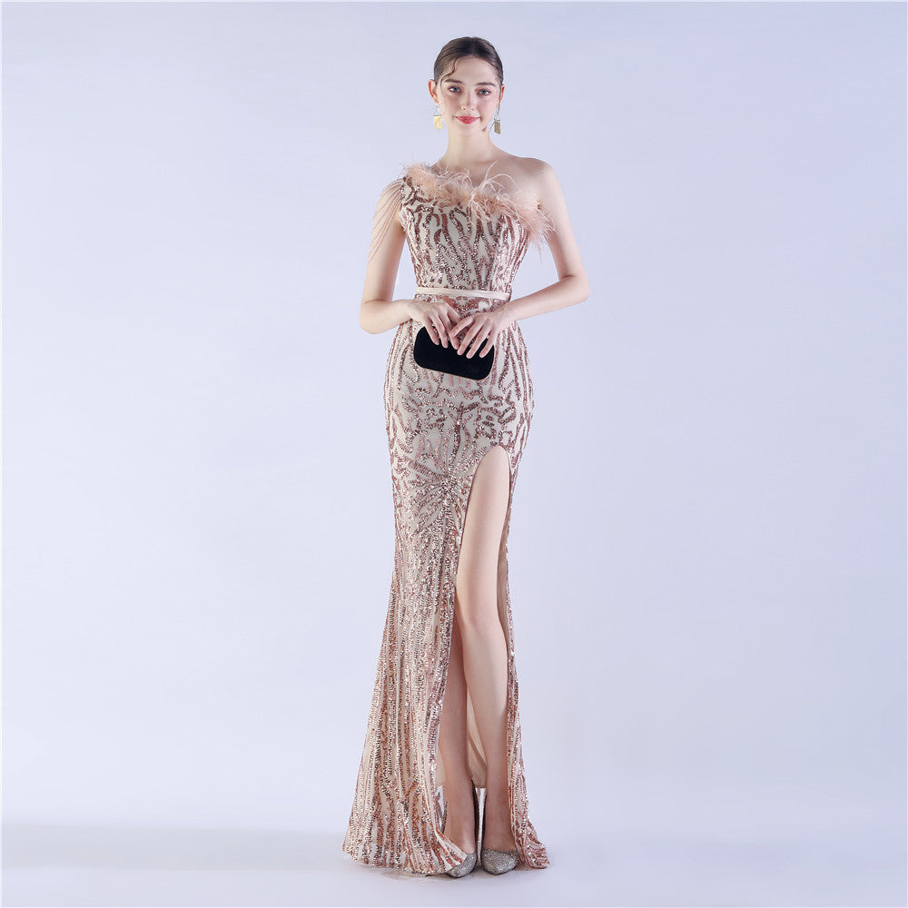 Craft Beaded Ostrich Hair Diagonal Collar One Shoulder High End Evening Dress Gold