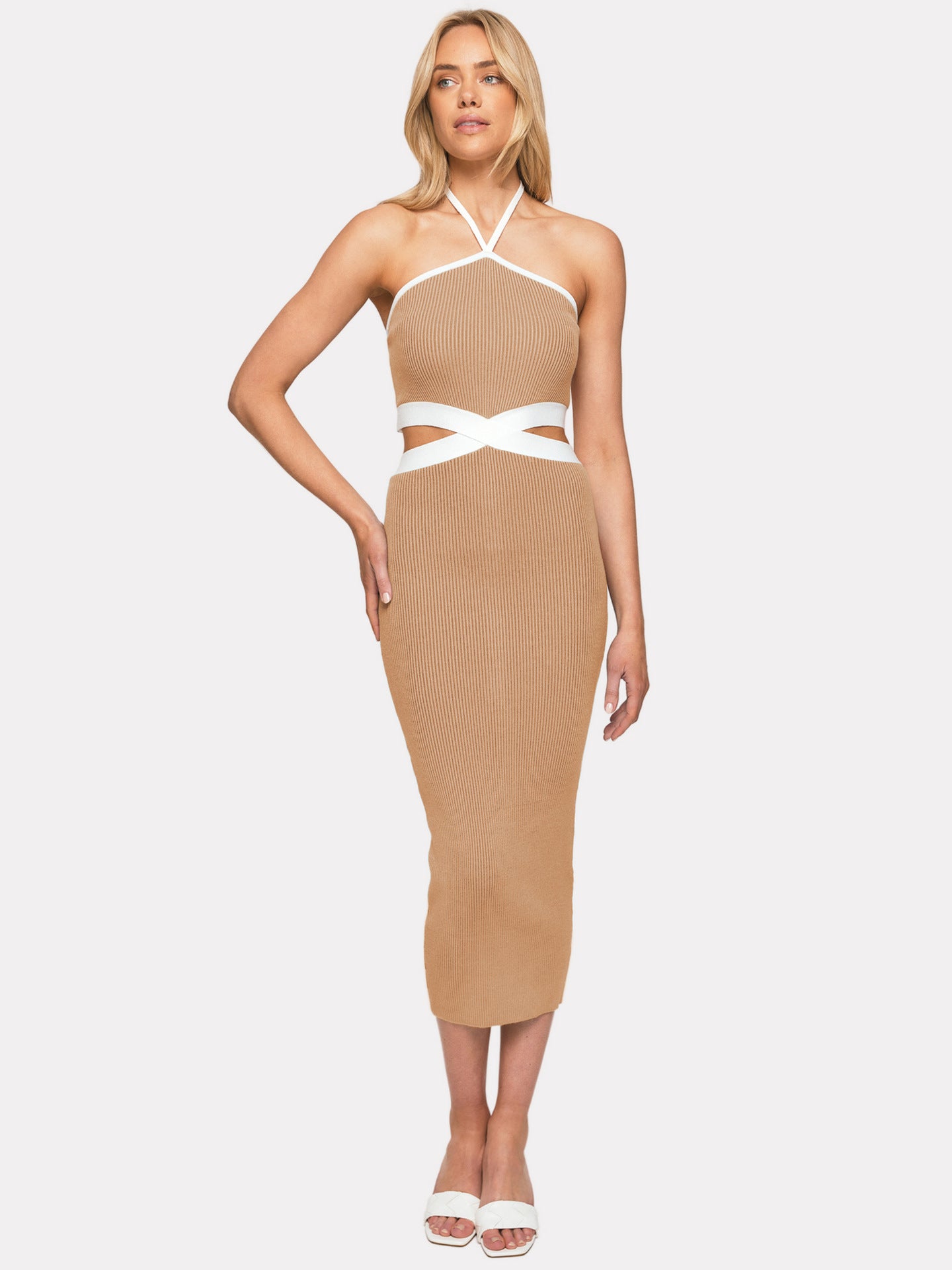 Rope Halter Backless Hollow Out Cutout Sexy Women Tight Rib Dress Tan