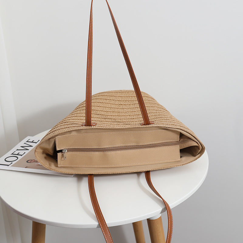 Simple Shoulder Straw Bag Large Capacity Straw Bag Woven Bag Tote Bag Women Seaside Vacation Beach Bag