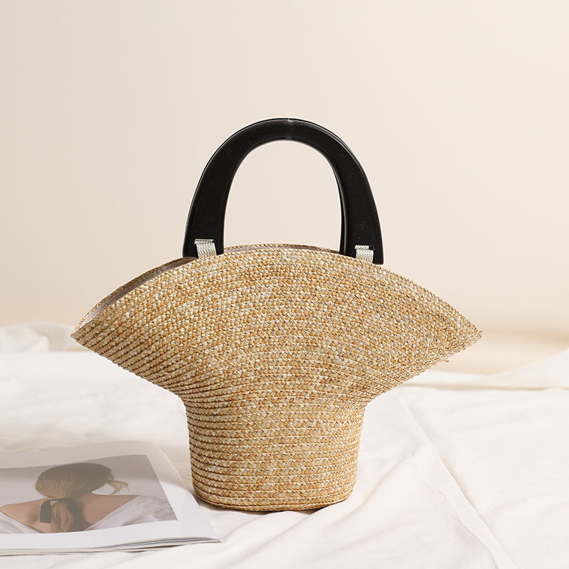 Wooden Portable Hat Straw Bag Fresh Straw Woven Bag Vacation Beach Bag Women Bag One Size Cap bag