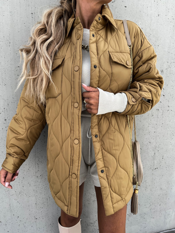 Autumn Winter Plaid Casual Trend Collared Single Breasted Cotton-Padded Coat Khaki