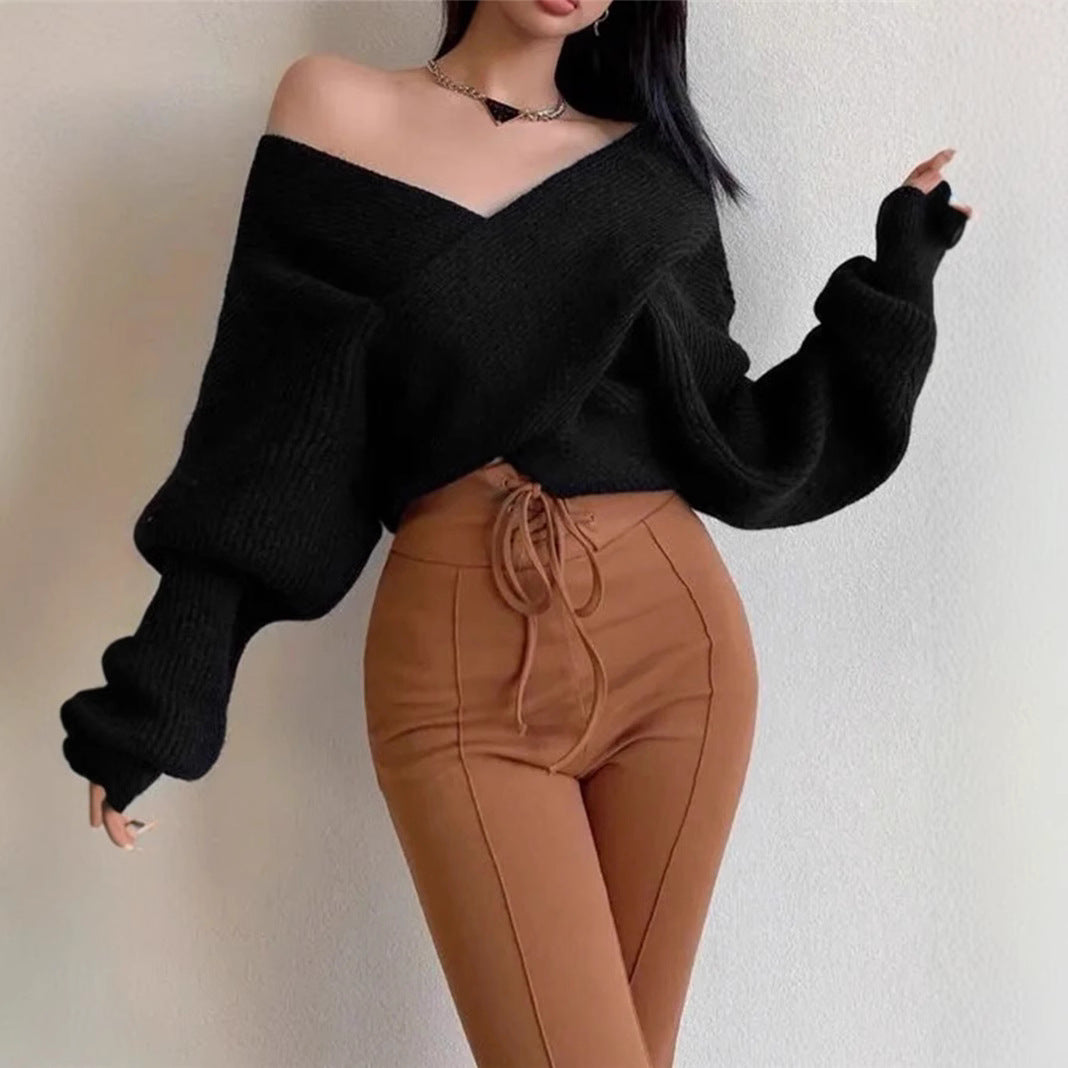 Autumn Winter Cross Irregular Asymmetric Design off Shoulder Loose Fitting Sweater