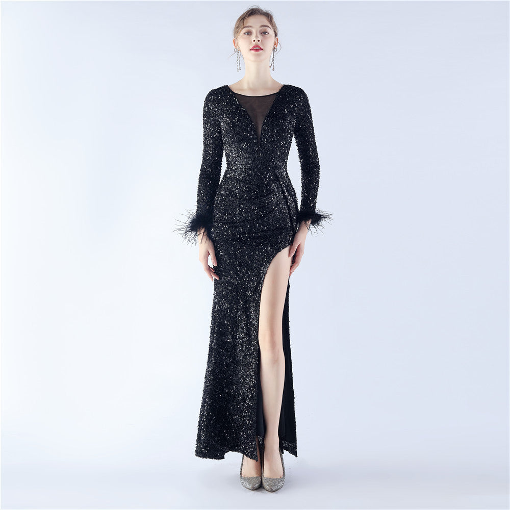 Handmade Sequin Craft Order Ostrich Feather Long Sleeve Evening Dress Black