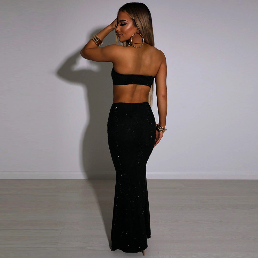 Sexy Mesh Camisole Vest Cropped Midi Dress Two Piece Summer Vacation Sequined Sets