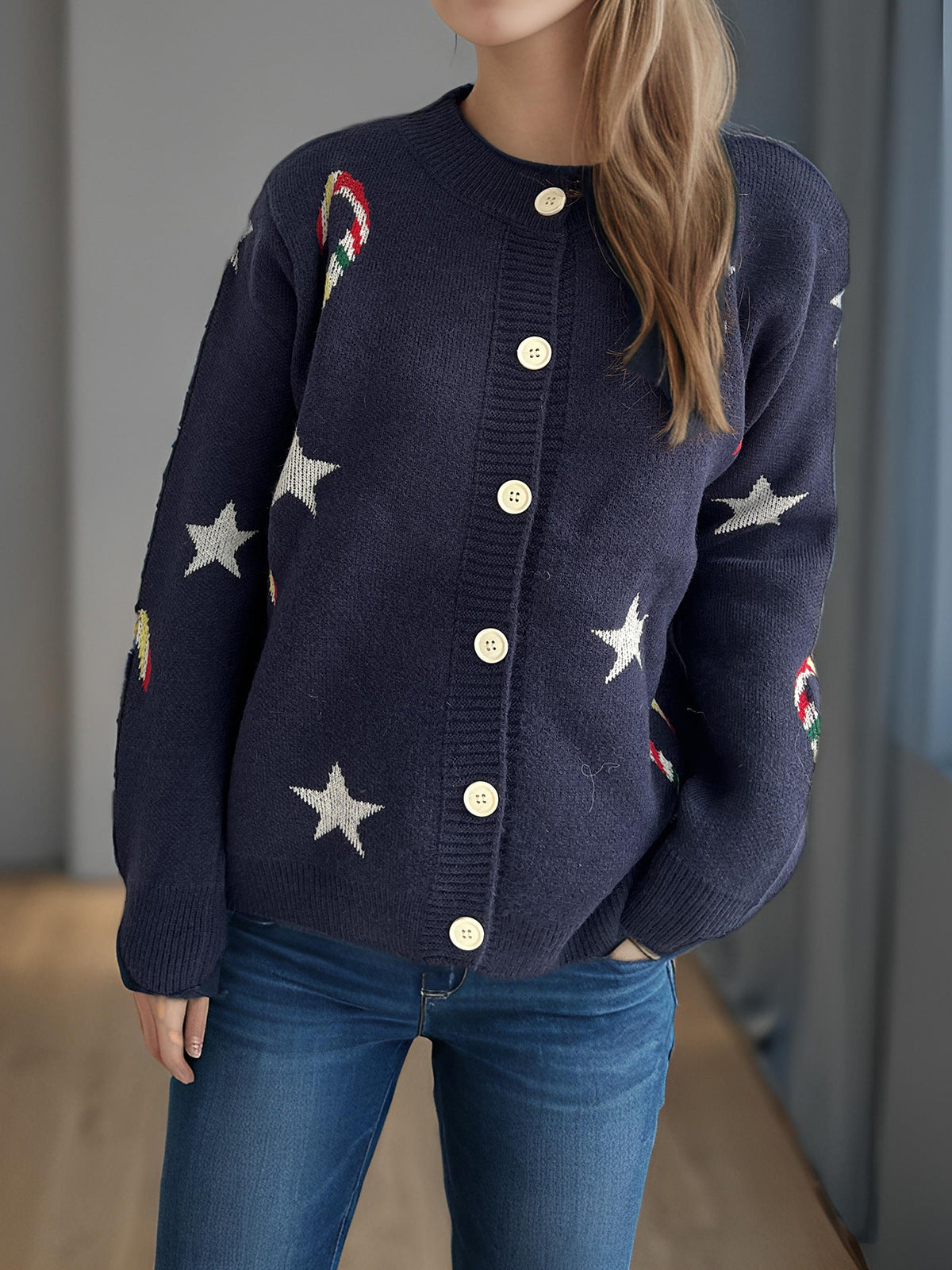 Autumn Winter Sweaters Women Knitted Cardigan Five Pointed Star Single Breasted Jacket Navy Blue