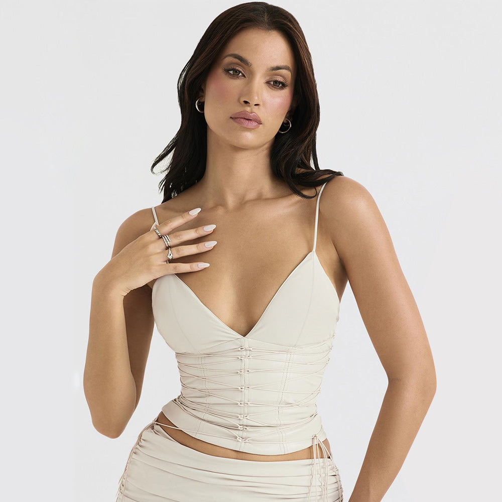 Sexy Women Clothing Faux Leather Deep V Plunge Strap Vest Women Slim Fit Backless Sexy Top Women Crisscross S Ivory