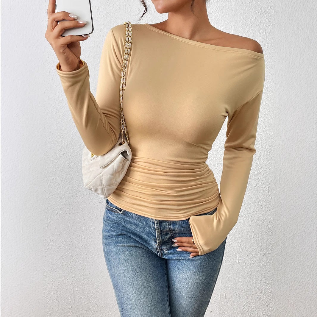 Autumn Winter Long-Sleeved Waist Tight Slimming Shoulder Hollow Out Cutout Top off Shoulder Undershirt