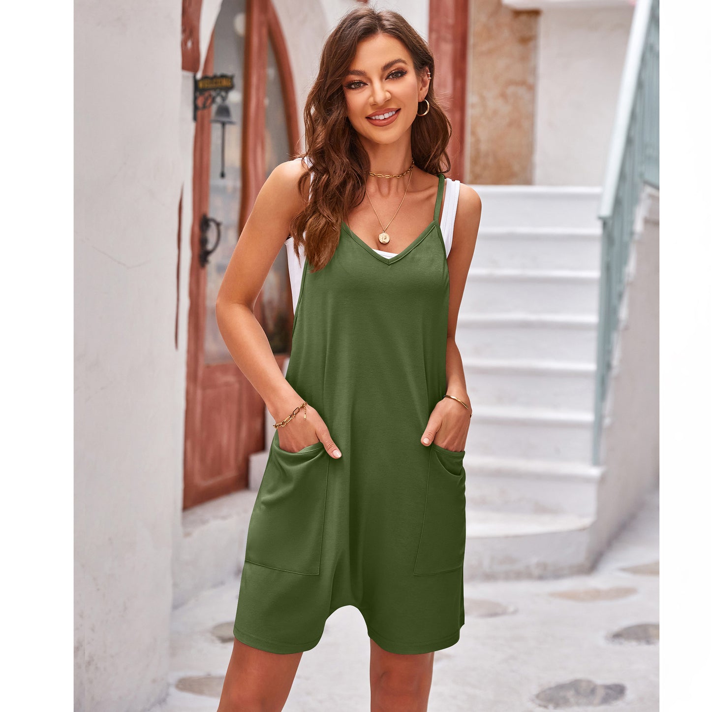 Women Clothing Summer Casual Pocket Spaghetti Straps Knitted Shorts Jumpsuit Suspender Pants Women