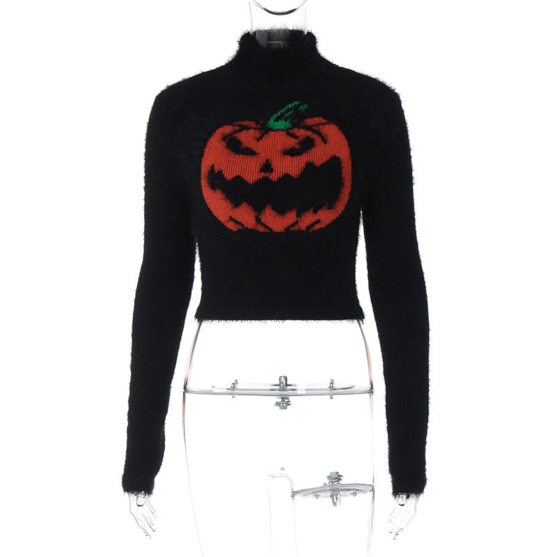 Women Clothing Autumn Winter Sexy Halloween Pumpkin Head Short High Quality Sweater Black