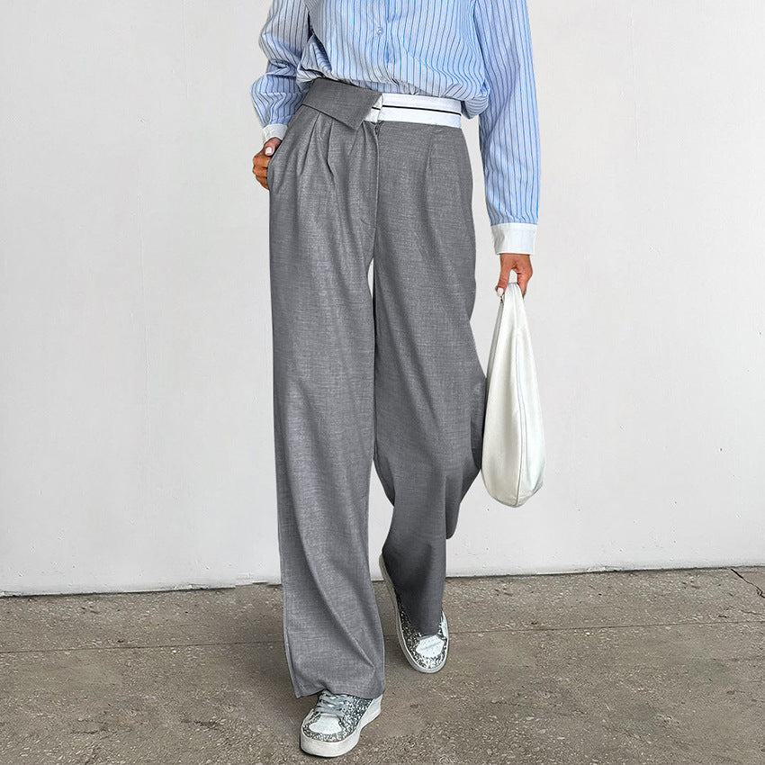 Gray Loose British Straight Patchwork High Waist Casual Pants Autumn Winter Work Pant