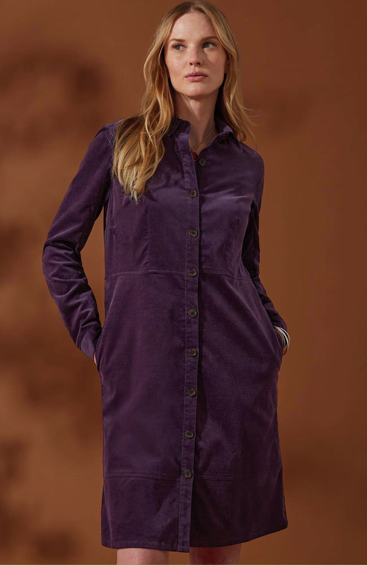 Elegant Velvet Women Windbreaker Button Loose Intellectual Long Sleeve Shirt Dress Purple