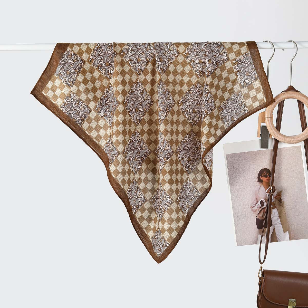 Women Silk Scarf High Grade Velvet Simple Triangular Binder Decoration Small Scarf Live Broadcast One Size Checkered Rattan-Velvet